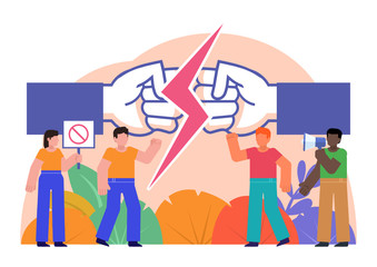 Conflict, agitation, protest concept. Two groups of people in conflict. Poster for web page, banner, presentation, social media. Flat design vector illustration
