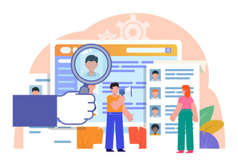 HR, hire, search for new employees. Online recruitment, hire app, website. Poster for social media, web page, banner, presentation. Flat design vector illustration