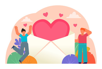 St Valentines love letter. Couple stand near big letter with heart shaped card. Poster for social media, web page, banner, presentation. Flat design vector illustration