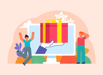 Online shopping, win gift or present. People stand near big gift box coming out of screen. Poster for web page, banner, social media, presentation. Flat design vector illustration