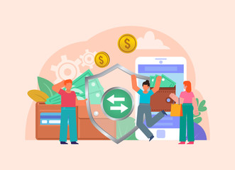 Secure, protected online money transfer with mobile phone. People stand near big wallet, phone. Poster for web page, banner, social media, presentation. Flat design vector illustration