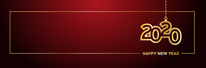 2020 Happy New Year header on red background. Golden text with frame, banner