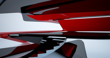 Abstract smooth architectural red and black gloss interior of a minimalist house with large windows. 3D illustration and rendering.