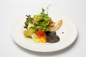 vegetable salad with salmon and croutons