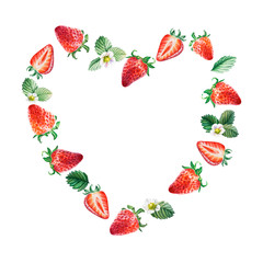Watercolor red juicy strawberry heart frame. Food background, painted bright composition. Hand drawn food illustration. Fruit print. Summer sweet fruits and berries.