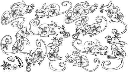 Set line drawing of Happy chinese new year 2020, Rat zodiac sign and flower. Festival, Logo, Icon, Symbol, background. Vector illustration.