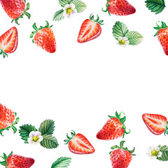 Watercolor red juicy strawberry frame. Food background, painted bright composition. Hand drawn food illustration. Fruit print. Summer sweet fruits and berries.