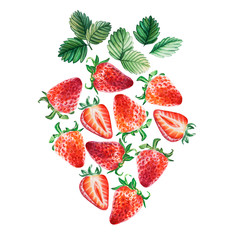 Watercolor red juicy strawberry from small berries. Food background, painted bright composition. Hand drawn food illustration. Fruit print. Summer sweet fruits and berries.
