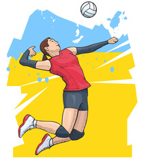 Vector illustration of female volleyball player jumping, ready to hit the ball. Volleyball sport themed poster on abstract background