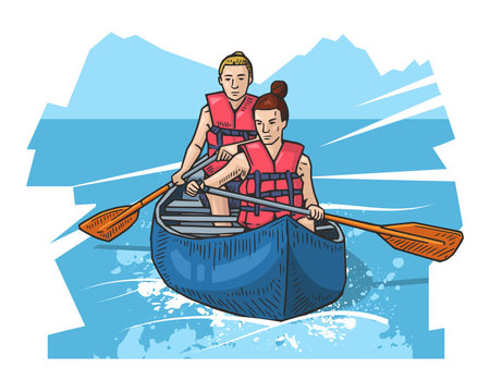 Vector illustration of two girls rowing in canoe. Sport themed poster on abstract background. Canoeing, kayaking sport