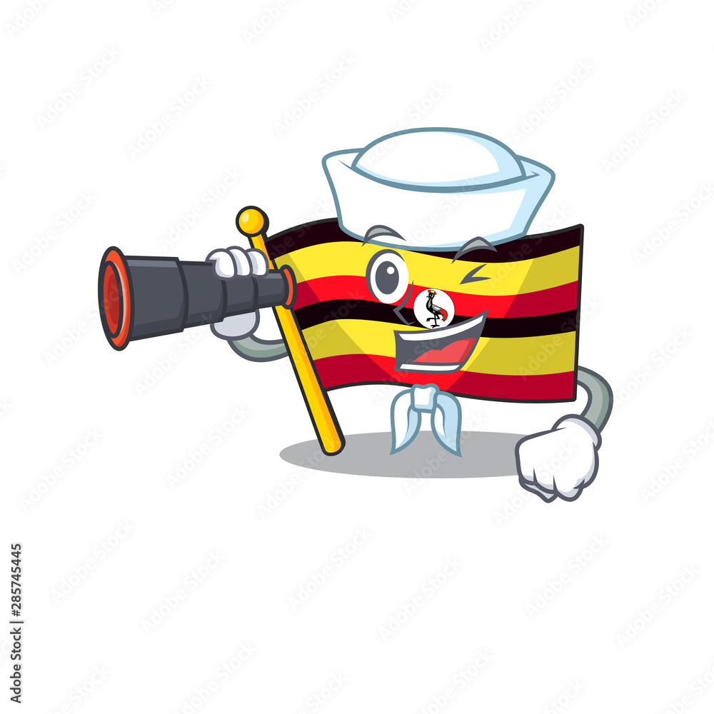 Sticker Sailor with binocular flag uganda isolated in the cartoon