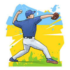 Fototapeta na wymiar Vector illustration of baseball player throwing the ball on abstract background. Baseball themed sport poster