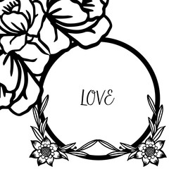 Romantic handwritten lettering love with rose wreath frame blooms. Vector