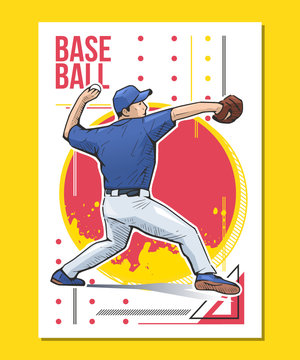 Vector illustration of baseball player throwing the ball on abstract background. Baseball themed sport poster