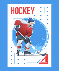 Vector illustration of ice hockey player standing with stick. Winter sport themed hockey poster on abstract background