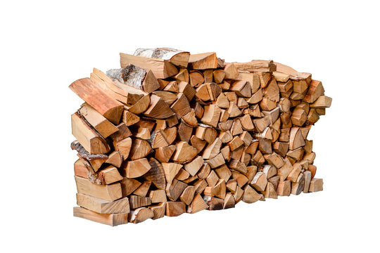 Stacked firewood isolated on white background.