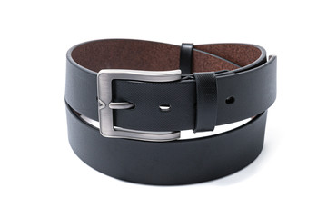 Twisted black male leather belt isolated on a white background
