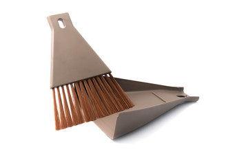 Brown set of brush and dustpan, household cleaning utensil with isolated on white background.