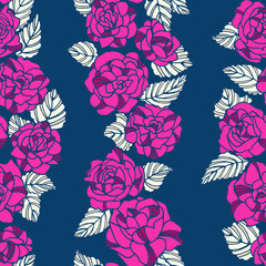 Floral rose seamless repeat pattern. You can enjoy this pink, navy, and white seamless pattern on packaging, wallpaper, backgrounds, or any way you like it!