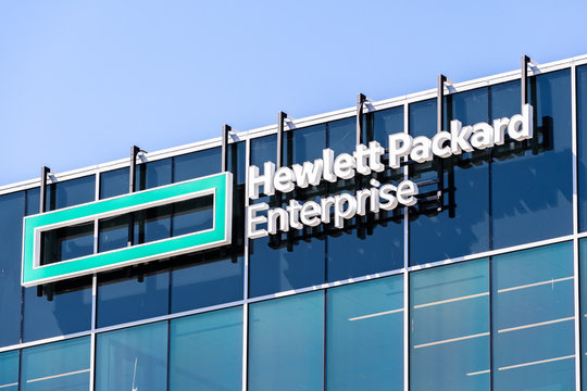 Aug 13, 2019 San Jose / CA / USA - Hewlett Packard Enterprise (HPE) logo at the Company's new corporate headquarters located in Silicon Valley; HPE is an American multinational enterprise IT company