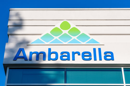 August 17, 2019 Santa Clara / CA / USA - Close up of Ambarella logo at their headquarters in Silicon Valley; Ambarella, Inc. is a fabless semiconductor design company