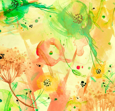 Watercolor bouquet of flowers, dandelion, inflorescence, dill, hogweed.  abstract splash of paint, fashion illustration. field or garden flowers. Suburban summer, autumn landscape.Watercolor card