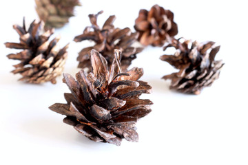 Close up of pine cones on white table. Christmas and New Year. Winter holiday. Greeting card.