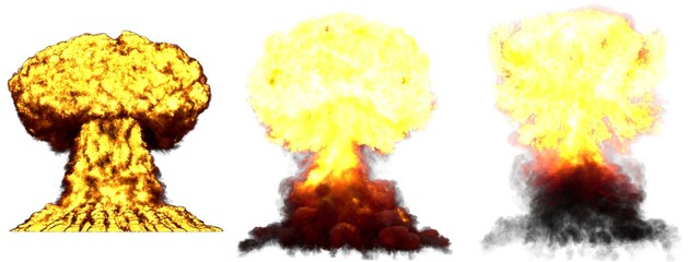 3D illustration of explosion - 3 big very high detailed different phases mushroom cloud explosion of atom bomb with smoke and fire isolated on white