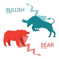 Bullish and bearish symbols. Stock market trends. Players on Exchange. Bulls and bears traders on a stock market.