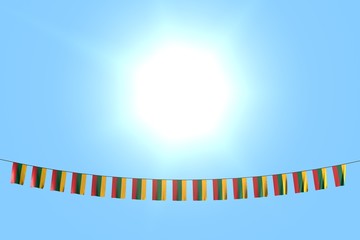 beautiful any celebration flag 3d illustration. - many Lithuania flags or banners hanging on string on blue sky background