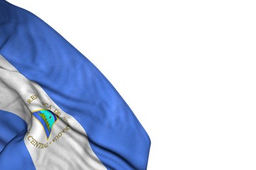 nice Nicaragua flag with big folds lie in bottom left corner isolated on white - any feast flag 3d illustration..