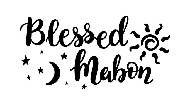 Blessed Mabon - handwritten lettering quote symbolizing equal duration of daytime and nighttime. Vector illustration of the autumn equinox.