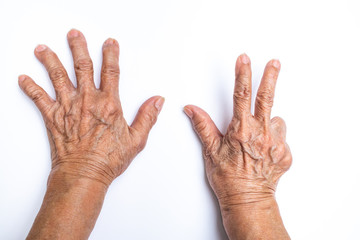 Senior woman's hands counting 8 isolated on white background, Numbers 1-10 in sign language concept