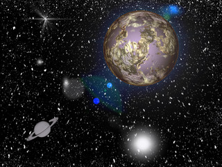 Representation of deep space with nearby stars, clouds of stardust, orbiting planets and moons