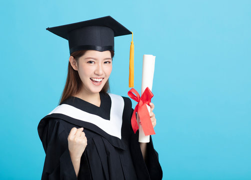 Happy Asian Female Graduate Student Holding  Diploma Isolated