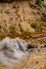 Fototapeta na wymiar Grey smoke comes out from smoke bomb. The bomb on sand near a forest. Military training. Air pollution