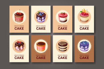 Templates with different kinds of dessert: cake, pie. For your design, announcements, postcards, posters, restaurant menu. Template with different desserts with fruits. Vector.