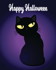Happy Halloween invitation black cat with glowing eyes on dark spooky background