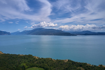 Aerial photography with drone, Rocca di Manerba in Garda lake,Italy.