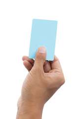 hand right to hold blue credit card, blank paper on white background