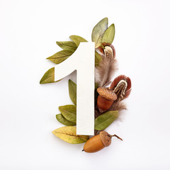 First september concept. Number one shape with autumn leaves, acorns and fearhers. Nature concept....