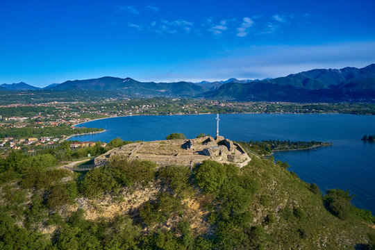 Aerial photography with drone, Rocca di Manerba in Garda lake,Italy.