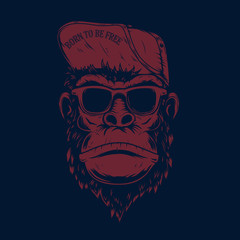 Illustration of monkey in baseball cap and sunglasses. Design element for poster, t shirt, emblem,...
