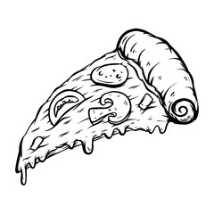 Hand drawn illustration of cut of pizza isolated on white background. Design element for poster, card, banner, t shirt, emblem, sign. Vector illustration