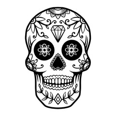 Hand drawn mexican sugar skull isolated on white background. Design element for poster, card, banner, t shirt, emblem, sign. Vector illustration