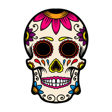 Hand drawn mexican sugar skull isolated on white background. Design element for poster, card, banner, t shirt, emblem, sign. Vector illustration