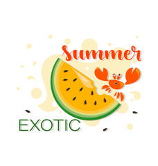 EXOTIC SUMMER. Yellow watermelon and red crab. Slice of watermelon on a background of juice with a crab and the inscription. Concept of the summer season. Sliced ​​ripe yellow watermelon with seeds. 
