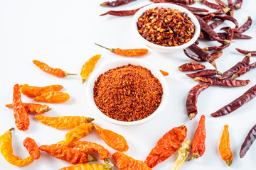 a plate of paprika and red dried chili on a white background