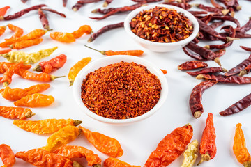 a plate of paprika and red dried chili on a white background