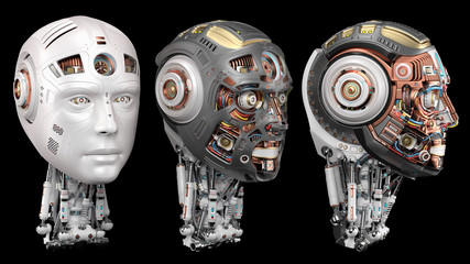 set of three different robot heads or hymanoid faces. Isolated on black background. 3d render